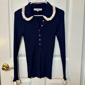LOFT Navy Blue Fitted Sweater with Off-White Accents Size Medium